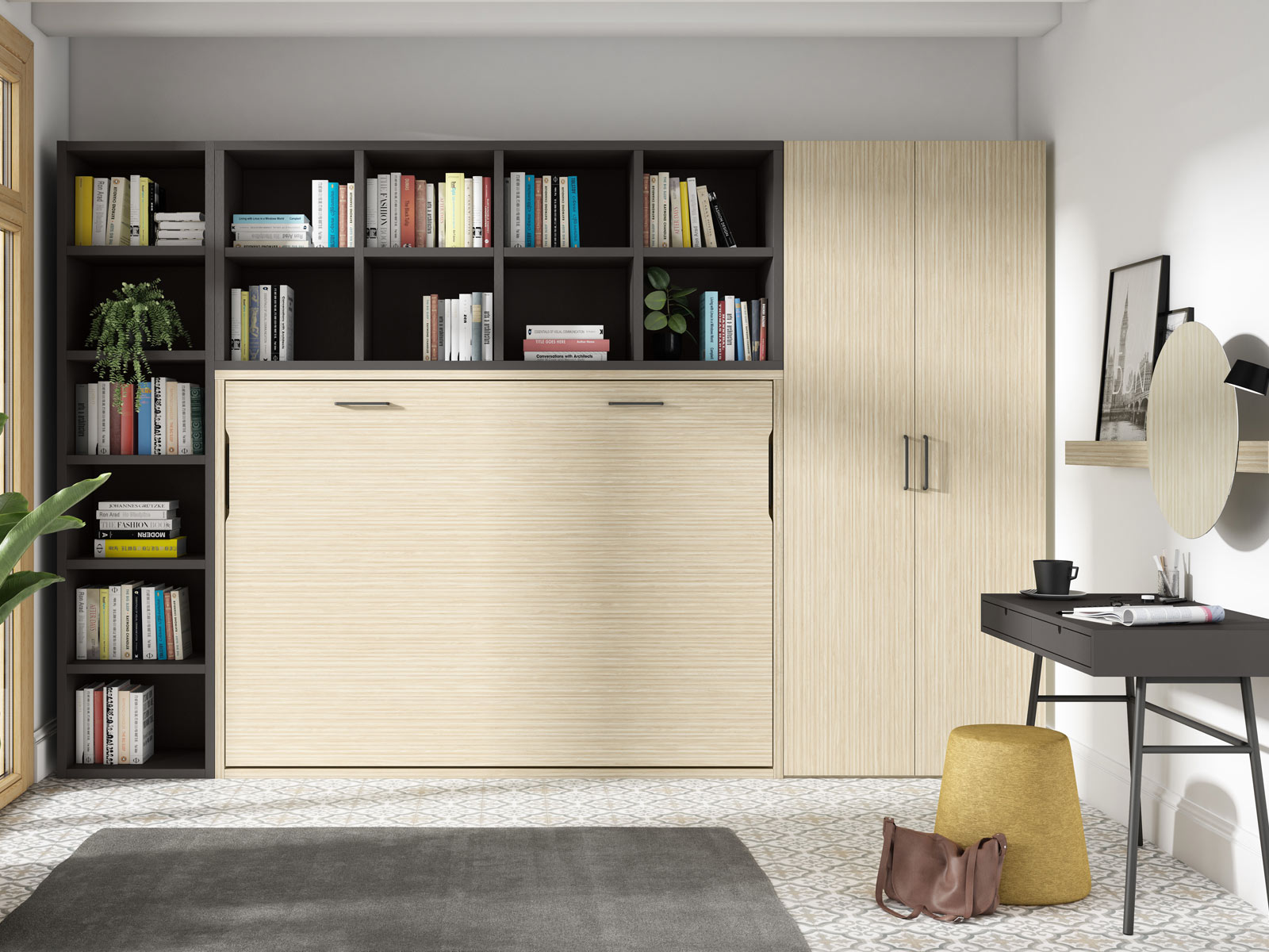 Cama abatible horizontal Dormitorio juvenil completo moderno en Murcia, cama nido en Cartagena, litera con escritorio integrado Murcia, compacto juvenil diseño funcional, escritorio juvenil moderno, armario dormitorio juvenil Murcia, habitación juvenil pequeña amueblada, mesita noche práctica, cama abatible vertical Murcia, cama compacta con almacenaje Cartagena, cómoda juvenil colores neutros.
