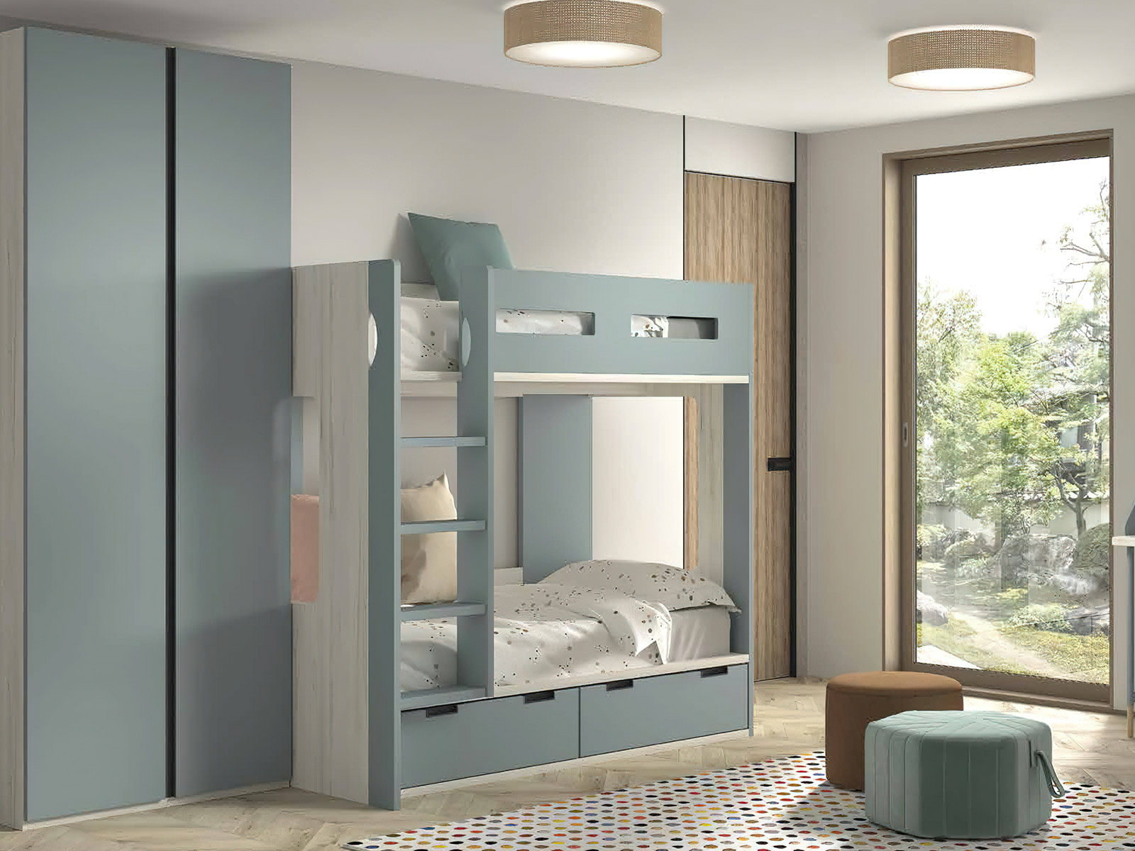 Litera y armario Dormitorio juvenil completo moderno en Murcia, cama nido en Cartagena, litera con escritorio integrado Murcia, compacto juvenil diseño funcional, escritorio juvenil moderno, armario dormitorio juvenil Murcia, habitación juvenil pequeña amueblada, mesita noche práctica, cama abatible vertical Murcia, cama compacta con almacenaje Cartagena, cómoda juvenil colores neutros.